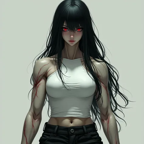 A ash pale skin girl black long fringe hair red eyes with a white shirt,black cargo pants,huge muscle bulging veins giant body