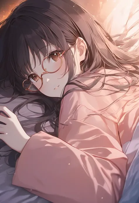 1 girl, oversized long sleeves blue pajama set, pants off, night, bedroom, long black hair, brown eyes shining and cute, separated lips, round red-framed glasses, lying on the bed, from above. Soft, feminine, delicate body, with a passionate and emotional ...