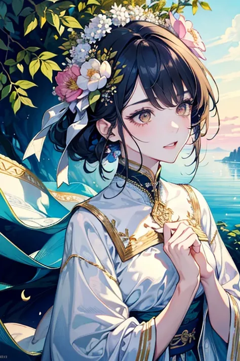 MASTERPIECE, top quality, super detailed, Hi-Res, watercolor, high angle, upper body, a slim young girl with medium-length black hair featuring braided sections and playful orange highlights, adorned with amber flowers and white butterflies as hair ornamen...