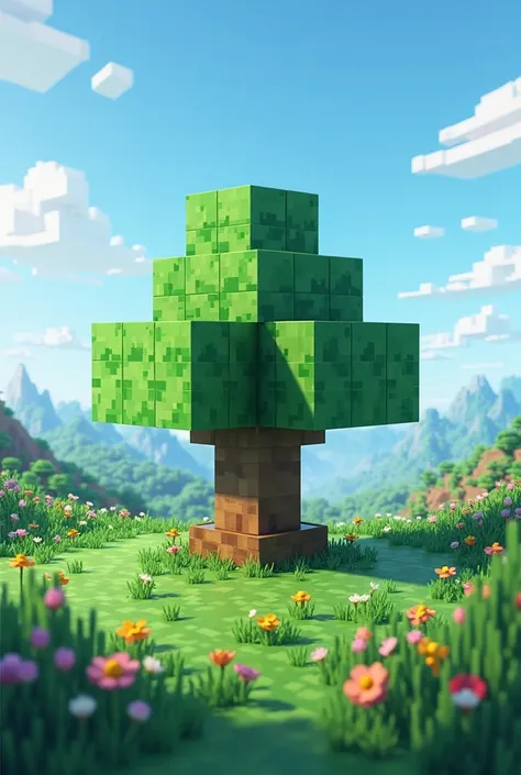 Make me a picture of a Minecraft meadow with a tree 