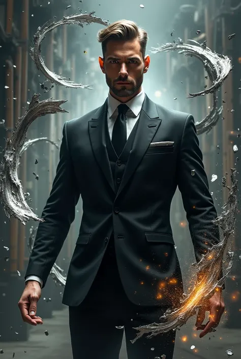 Handsome man dressed in black suit using steel magic