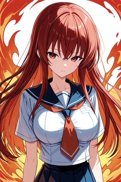 Upper body, 1girl, solo, Spirit Fire,  long hair, large breasts, skinny body, school uniform 