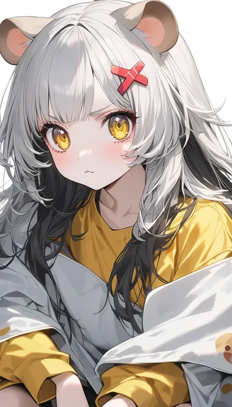  hamster ears  少女,   Cute Hamster Ears   ,   very realistic white hamster ,  perfect anatomy,   Long white hair, 非常に   long hair,   straight perm, bangs, (((bangsに赤い蝶のヘアクリップ))),    yellow eyes,  New Look,    long hair,  gray hair, Black inner hair, ：3,    ...