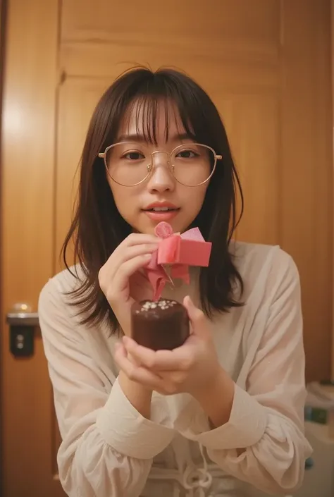 (( top quality)), ((傑 top quality、 Masterpiece、High sensitivity、 Hi-Res、 detailed depiction of up to the front door、 depicting a delicate face ))Slender Woman、Glasses、I'm giving you chocolate 、 because it's Valentine's Day、