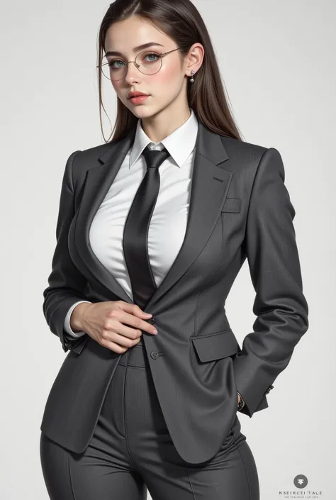  pretty girl, fit, (( big breasts)),  big hips, Hair tie,  with eyeglasses,  serious facial , Wear a polite gray suit, Bottom image of character , Full body