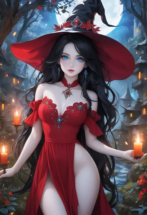 A sexy witch in red with white skin blue eyes long black hair in a mystical enchanting place Magical Beautiful