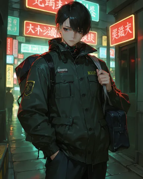 masterpiece, best quality, 1man, uniform, hand in pocket, school bag, black hair, black eyes, mole under eye, cyberpunk, street