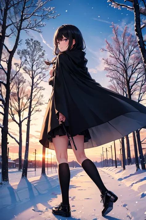 High image quality, high resolution, smooth gradation, vivid colors, a black cloak, a black student uniform, black stockings, black lace-up shoes, black hair, a high school girl, Winter in the suburbs, clear skies, backlighting, glare, snow on dead trees, ...