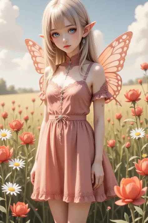 "((Innocent))  girl, soft expression、  Golden Hour , Dreamy flower field,  colorful flowers,  Pastel Colored Dress, Gentle sunlight, enchanting,   butterfly wings , ( Pastel Clouds ), 