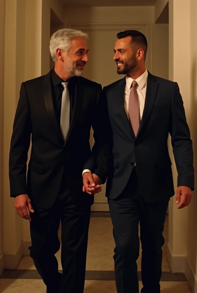 Tall and muscular mature Arab man with slightly gray hair wearing a black suit wearing a black shirt and light gray silk tie holding his now husband, a muscular white blond man with a trimmed beard wearing a two-piece dark blue suit with a white shirt and ...