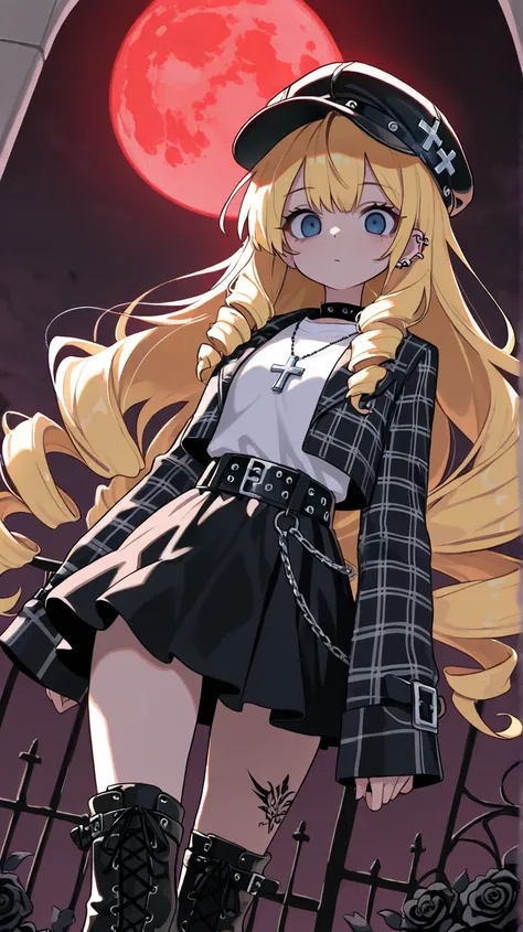 ( score_9, score_8_up, score_7_up ), ultra-detailed, detailed face, upper body, dynamic angle, dutch angle shot, (looking at viewer), 

Solo, a magical girl, blonde, long hair, drill hair, ahoge, blue eyes, slant eyes, narrow eyes, 

black cabbie hat, goth...