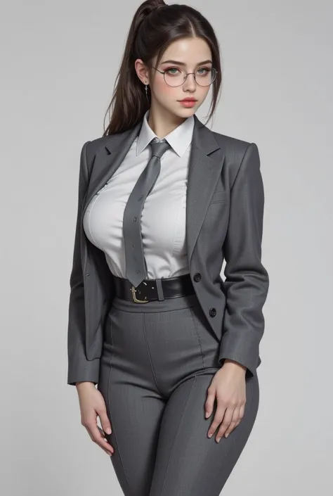  pretty girl, fit, (( big breasts)),  big hips, Hair tie,  with eyeglasses,  serious facial , Wear a polite gray suit, Bottom image of character , Full body