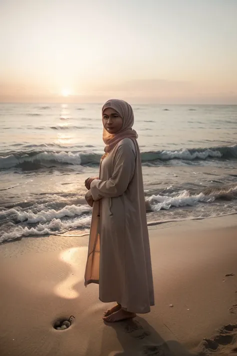 A Muslim woman in a flowing hijab, standing on a beach at sunset, the wind gently blowing her hijab, serene and dreamy atmosphere, soft and warm tones