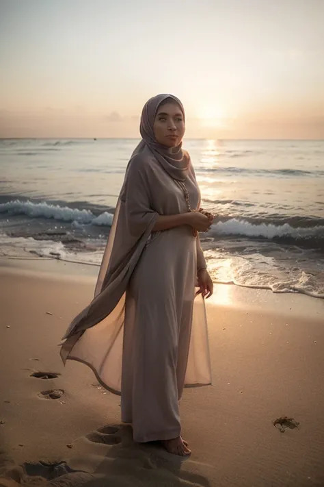 A Muslim woman in a flowing hijab, standing on a beach at sunset, the wind gently blowing her hijab, serene and dreamy atmosphere, soft and warm tones