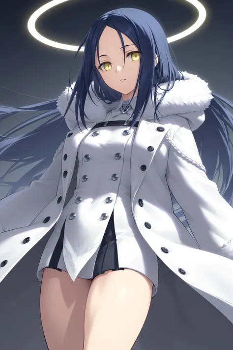  Jeanne Horta、 best thighs、Fate、Halo、 beautiful skin、Clear shadows、front、 long coat、 dark blue hair、 yellow eyes