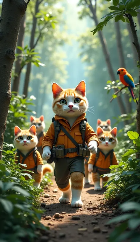 A group of anthropomorphic cats embarking on an adventurous journey through a dense forest. The leader, a brave white-and-yellow-furred male cat, wears a practical explorer’s outfit, complete with a backpack and a map in hand. Alongside him, a group of cat...