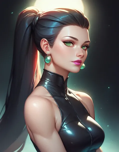 female black sleeveless latex catsuit, bare shoulders, racerback, bare toned arms, beautiful faces, black ponytail with showing forehead, long ponytail, earrings, soft smooth skin, pale skin, black background, green eyes, sci-fi, high contrast, pink lipsti...