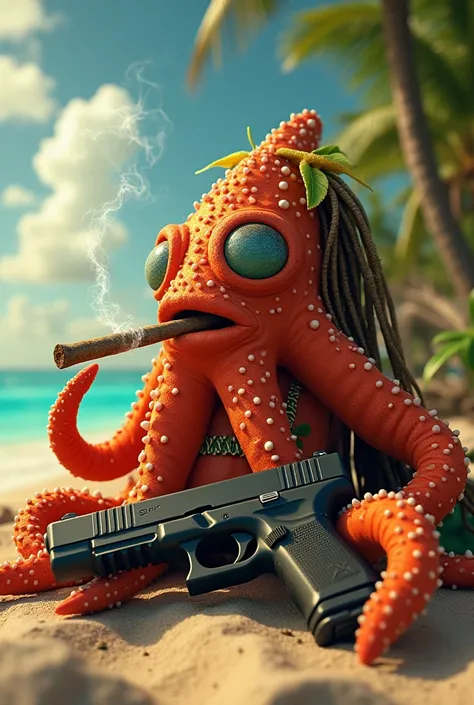 A jamaican starfish smoking a blunt, with a glock(drum mag) next to him