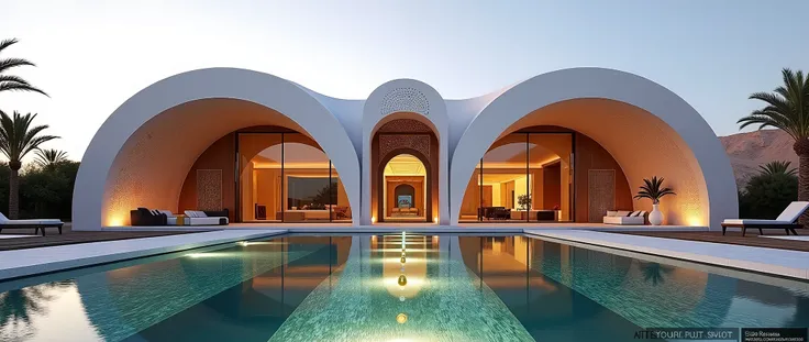 An awe-inspiring ultra-modern Moroccan villa in Marrakech, blending futuristic design with timeless Moroccan elegance. The architecture is a bold reinvention of traditional Moroccan forms, featuring sweeping horseshoe archways, grand domed structures, and ...