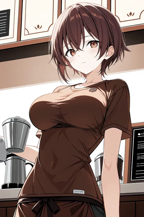 Upper body, 1girl, solo, barista, brown short hair, large breasts, skinny body, t-shirt 