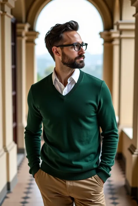 A man looking down the stairs of a Palace, wearing a plain green V-neck knitted sweater and khaki pants with glasses looking at the horizon 