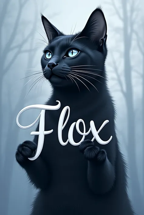 Can you create a black and white blue picture for me of a cat holding a name? FLOX LIVE

