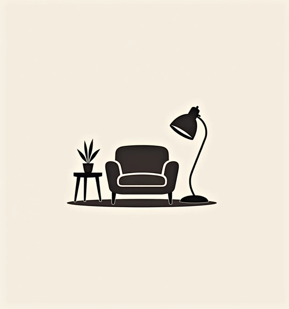 Logo with fine design , fine lines. Design of a side armchair,  with a small table on the side and a small plant on top.  And on the right side of the armchair a large lamp .  Make the logo with a single line 