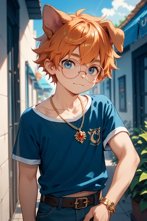 Boy with orange hair to wear round glasses, wears a gold pendant, wears blue clothes, young dog ears