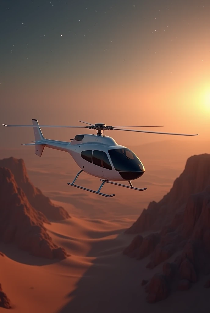 mini white helicopter flies over the ancient Arabian desert at night