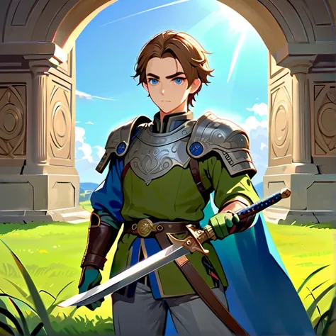 Masterpiece, HD, High Resolution, Best Quality, High Quality, High Details, Super Detailed. High fantasy genre, fantasy artwork. Solo character alone.
{{(A 20-years-old male-human-swordsman:(appearance: fair-skin. Blue-eyes. Brown-short-hair. Handsome face...