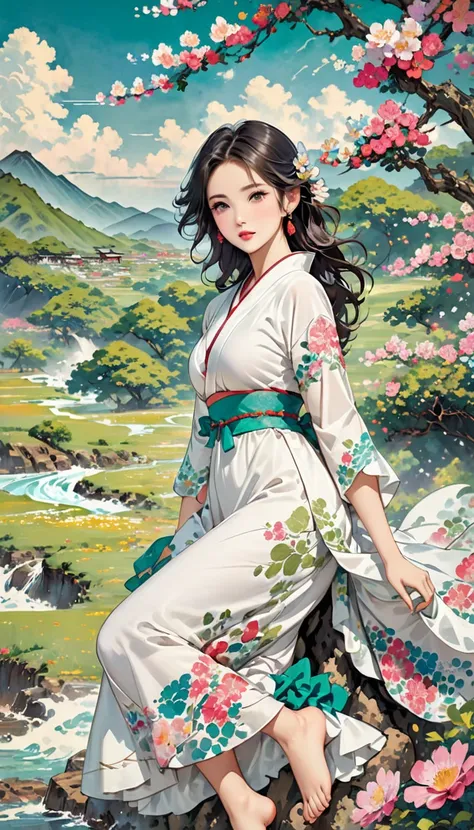 intense ink painting、 beautiful 1 woman、 perfect style with both legs、Long, flowing black hair、 pretty brown eyes、 pink lips、A gentle face、 very beautiful、flowing white long dress 、Barefoot、beautiful mountain waves 、 Rock Field、big tree with green branches...