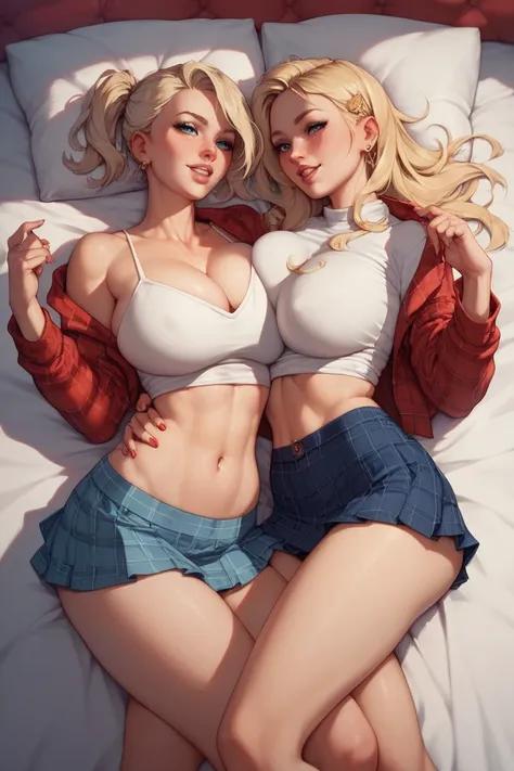 two  blonde women, with big breasts, red plaid mini skirt, with white top, extremely sexy, perfect, in bed