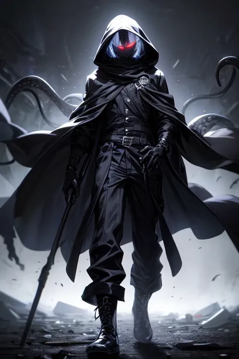 ((best quality)), ((masterpiece)), (detailed), 1 boy, full body, 2, young adult, long black scarf, bandage covering mouth, glowing eyes, 1 scratch on right eye, hood black, black skin, messy hair, black coat, loose sleeves, tall, thin, white zigzag marking...