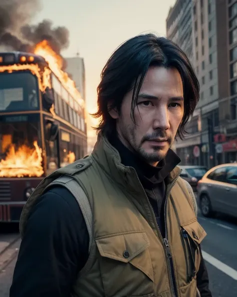 Ink illustration style, on vellum, ink splatters, ink smudges, ink smears, ink strokes, ink, faded ink.A photorealistic action movie poster style image showing a man resembling Keanu Reeves against the background of a burning bus. The man is depicted in a ...