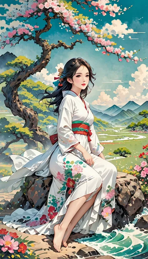 intense ink painting、 beautiful 1 woman、 perfect style with both legs、Long, flowing black hair、 pretty brown eyes、 pink lips、A gentle face、 very beautiful、flowing white long dress 、Barefoot、beautiful mountain waves 、 Rock Field、big tree with green branches...