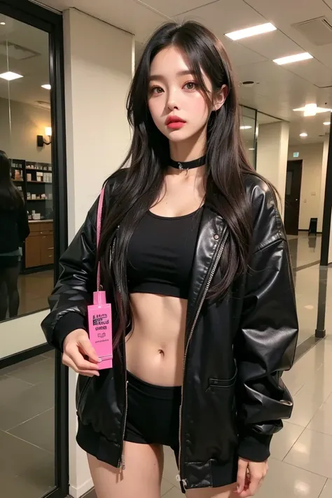 Araped girl with long black hair and a black jacket holding pink nail polish, black pink 조시, portrait of black pink 조시, Ulzzang, black pink 제니, Shin Jin-young,  popular Korean makeup , Nam Jaehyun, rosé (black pink), Wear a transparent and sexy bikini that...