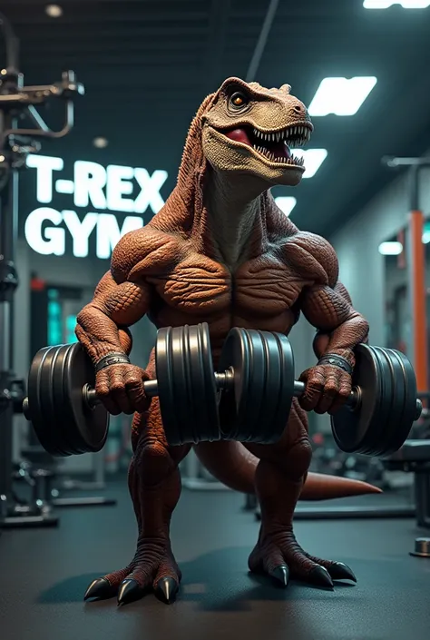 Create me a panel that says T-Rex gym and in the picture is a muscular tirex dinosaur with dumbbells 