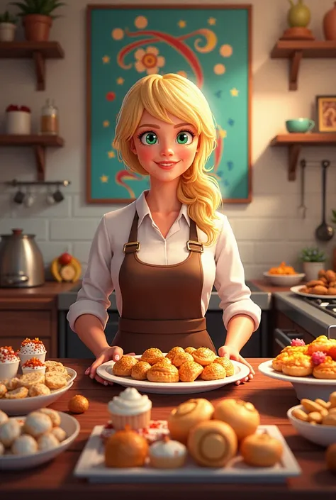 Create a kitchen , Sweets and salty foods, In the background a painting written by Ateliê Gourmet Daniella Uliana, a blonde cook ,  green eyes, shorty 