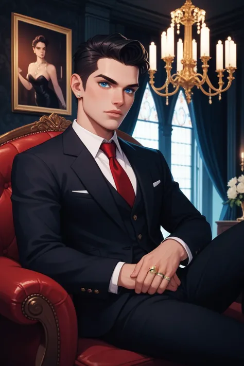 A noble man in his late twenties or early thirties sits confidently in a dark red leather armchair. The man is centered and slightly leaning towards the viewer and has a serious posture. He is dressed in a black suit. He has black hair and blue eyes.  His ...