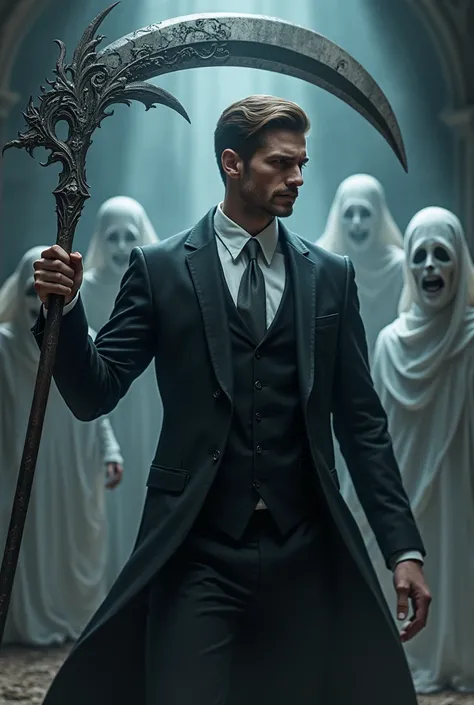 Handsome brown-haired man with short beard dressed in a black suit with a white shirt and gray tie wearing a magic scythe in combat posture fighting against ghosts