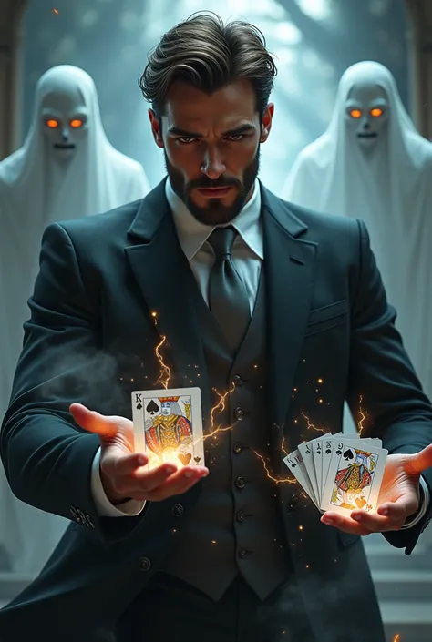 Handsome brown-haired man with short beard dressed in a black suit with a white shirt and gray tie using magic cards in combat posture fighting against ghosts