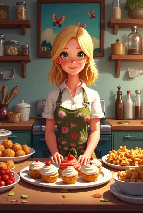 Create a kitchen , Sweets and salty foods, In the background a painting written by Daniella Uliana, a blonde cook ,  green eyes, shorty 