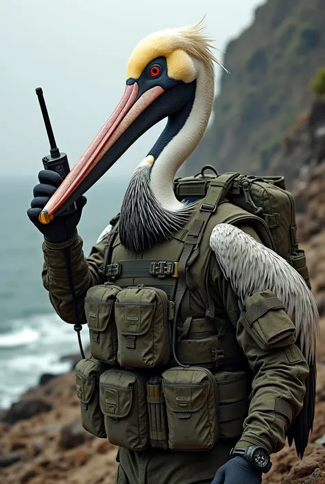 Bird Pelican preppers dressed in military clothes talks over radio