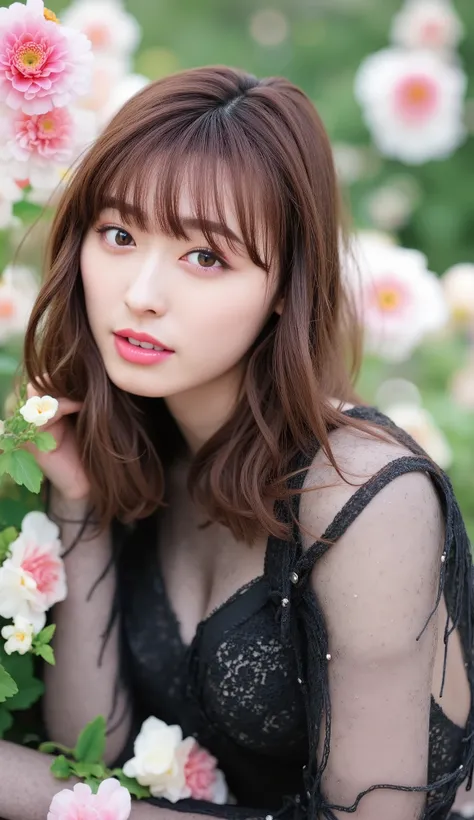 (((poster,Botanical Art,Floral Art,floral,lily flower))),(masterpiece:1.3), (photorealistic), (fukuhara haruka), (Glamour,plunt), crisp focus:1.2, very skinny, highly detailed face and skin texture, detailed eyes, ((latex bodysuit lacy)), ((Intricate detai...