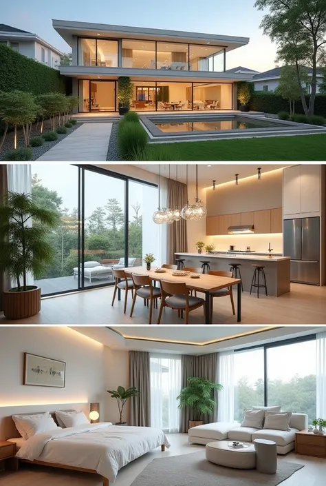  Beautiful Design Collage , Presents Modern ,  Japanese-style Japanese style holiday villa.  Collage contains the following view :  , Front Yard with Landscape Design ,  Bright Spacious Living Room ,Living room with modern furniture and beautiful elevation...