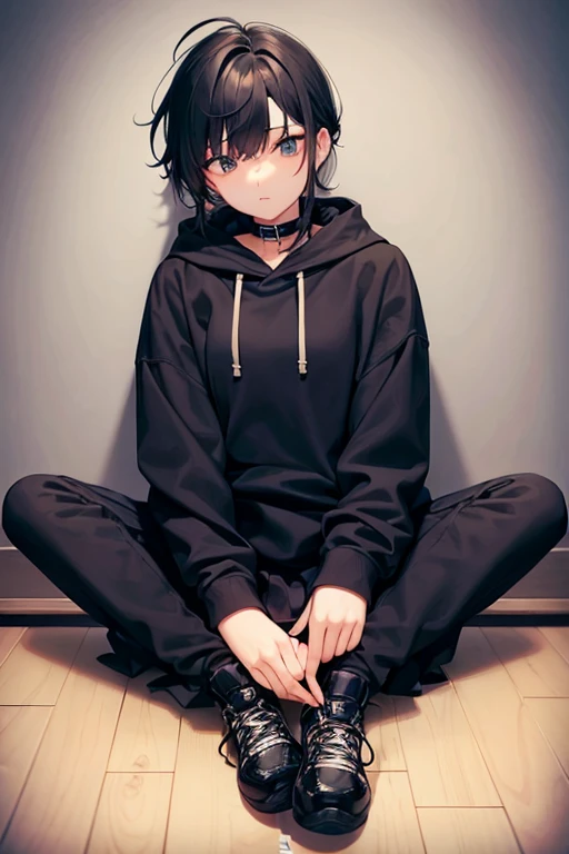 a 18 year old girl, in a basement, tied up, long borwn hair, black hoodie, black skirts, on the floor