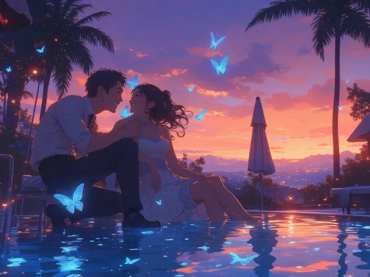 Luxury hotel poolside, glowing blue butterflies flying, man and woman leaning close, looking at the butterflies (they appear to glow), smiling, gazing at each other, romantic scene of a marriage proposal, sky gradient from purple to orange behind the pools...