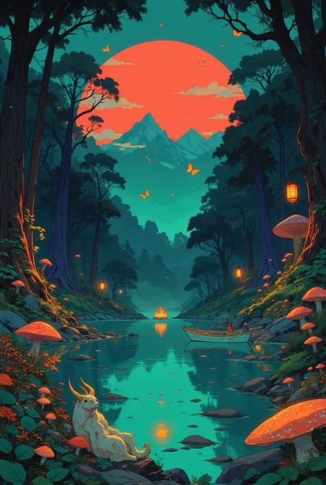 A fantastic crimson sunset in a fabulous forest. Incredible fancy trees.  Turquoise lake. Ukiyo-e Anime . A lemon horned beast with neon streaks is furry and incredible sitting on the shore. A glowing white boat floating in the lake, lots of colorful plant...