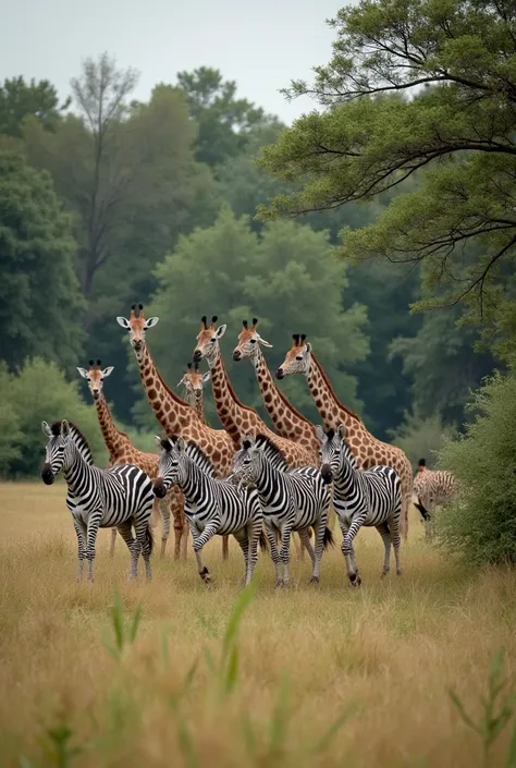 zebras and giraffes in a field with trees and bushes, real picture taken in zoo, zoo, animals running along, giraffe army, safari, zoo photography, new york zoo in the background, animals, giraffes, filled with fauna, picture taken in zoo, many wild animal...