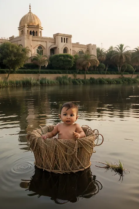 A small baby in a basket floating on the Nile River, surrounded by reeds, with the Egyptian palace visible in the distance.